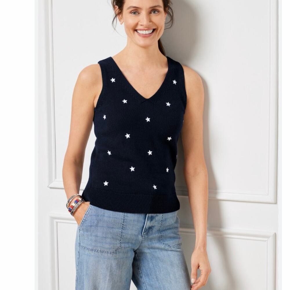 V-NECK Americana Navy Sweater Tank with Stars-Small